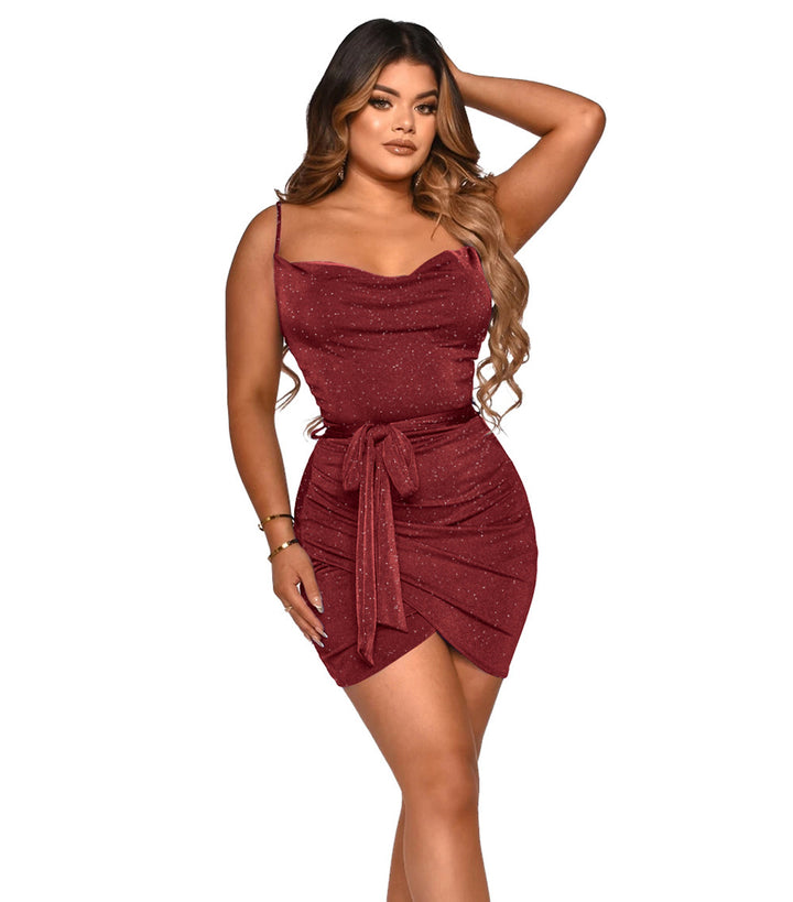 Damer Glitrende Cowl Neck Bodycon Mini Kjole med Bindebælte Stilla