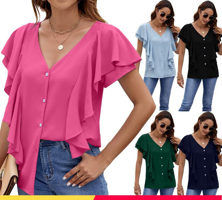 Damebluse med ruffles detaljer og V-udskæring Stilla