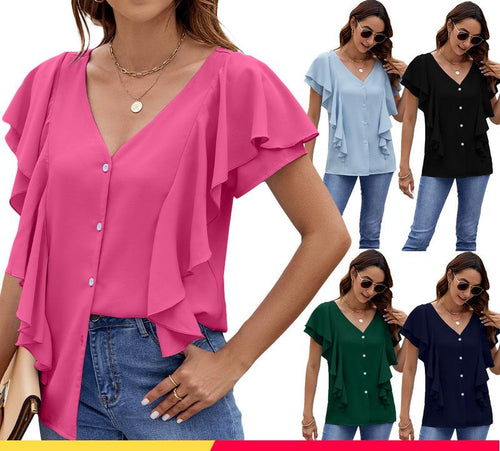 Damebluse med ruffles detaljer og V-udskæring Stilla