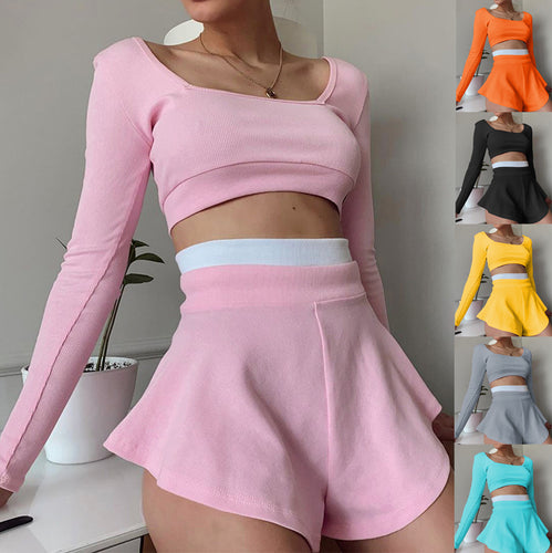 Dame sporty Crop-Top og Short-Set med bred kant Stilla