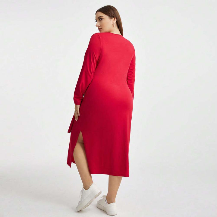 Dame elegant Midikjole med bælte og asymmetrisk slids Stilla