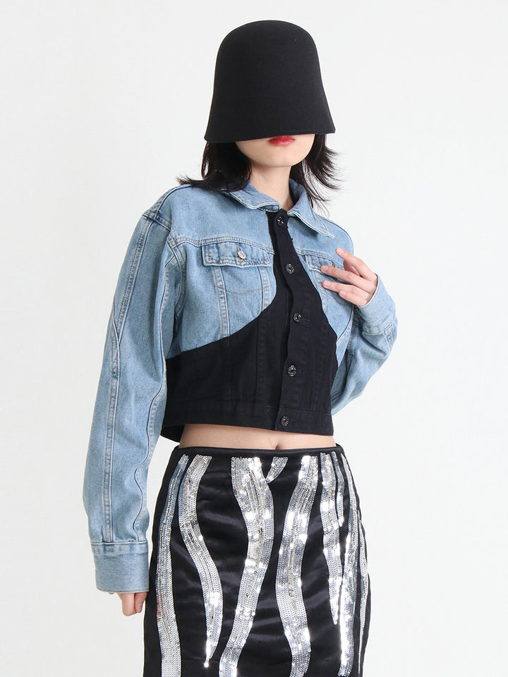 Dame cropped Jeansjakke med farvekombination Stilla