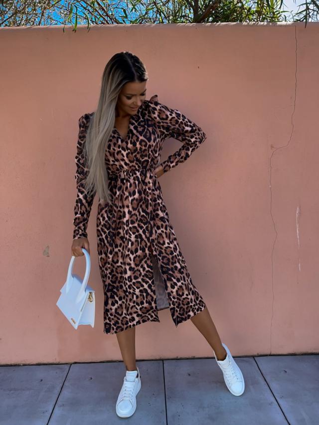 Dame elegant maxikjole med leopardprint Stilla