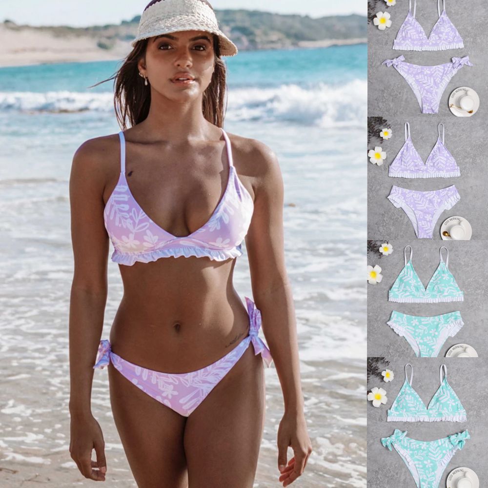 Dame Triangel-Bikini med legende rynkedetaljer og blomstertryk Skovae