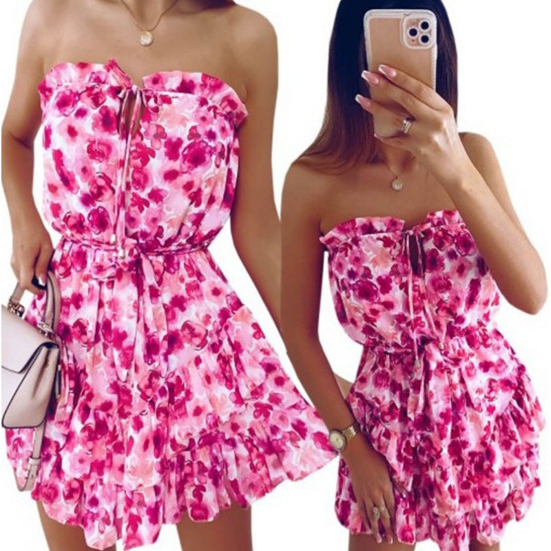 Dame Strapless Blomster Mønster Mini-Kjole med Rüschen-Saum Stilla