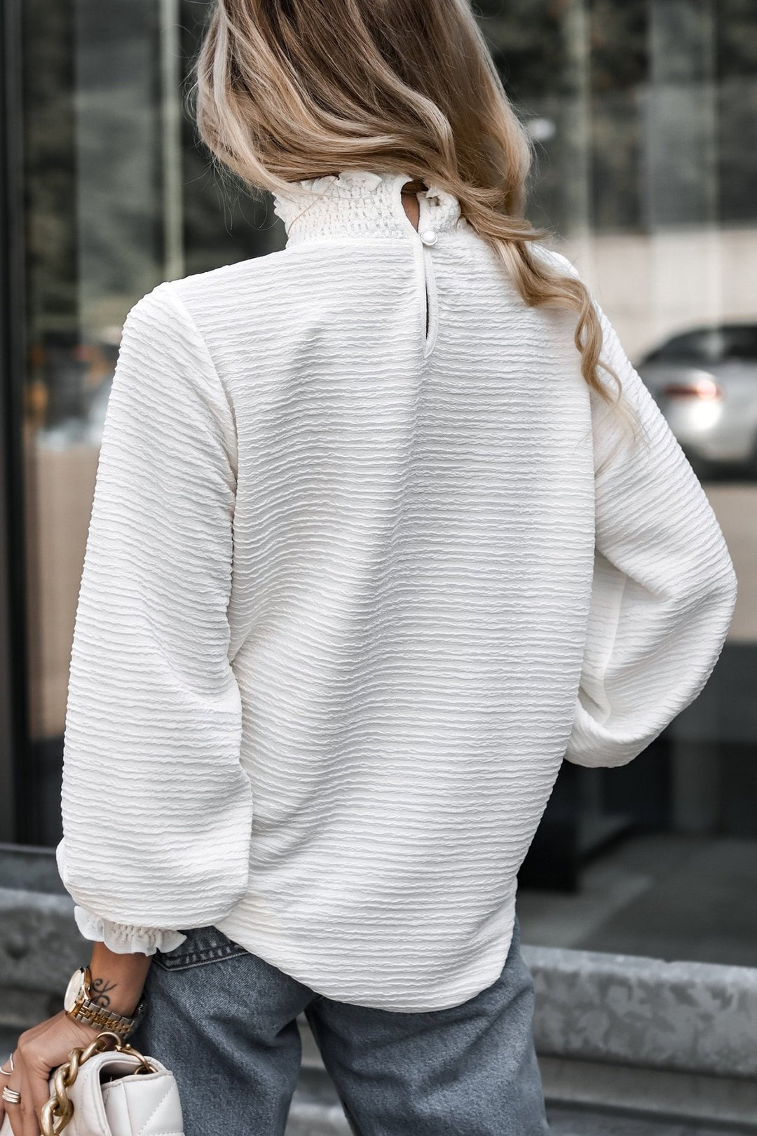 Dame Oversized Bluse med flæsekant og struktureret materiale Stilla