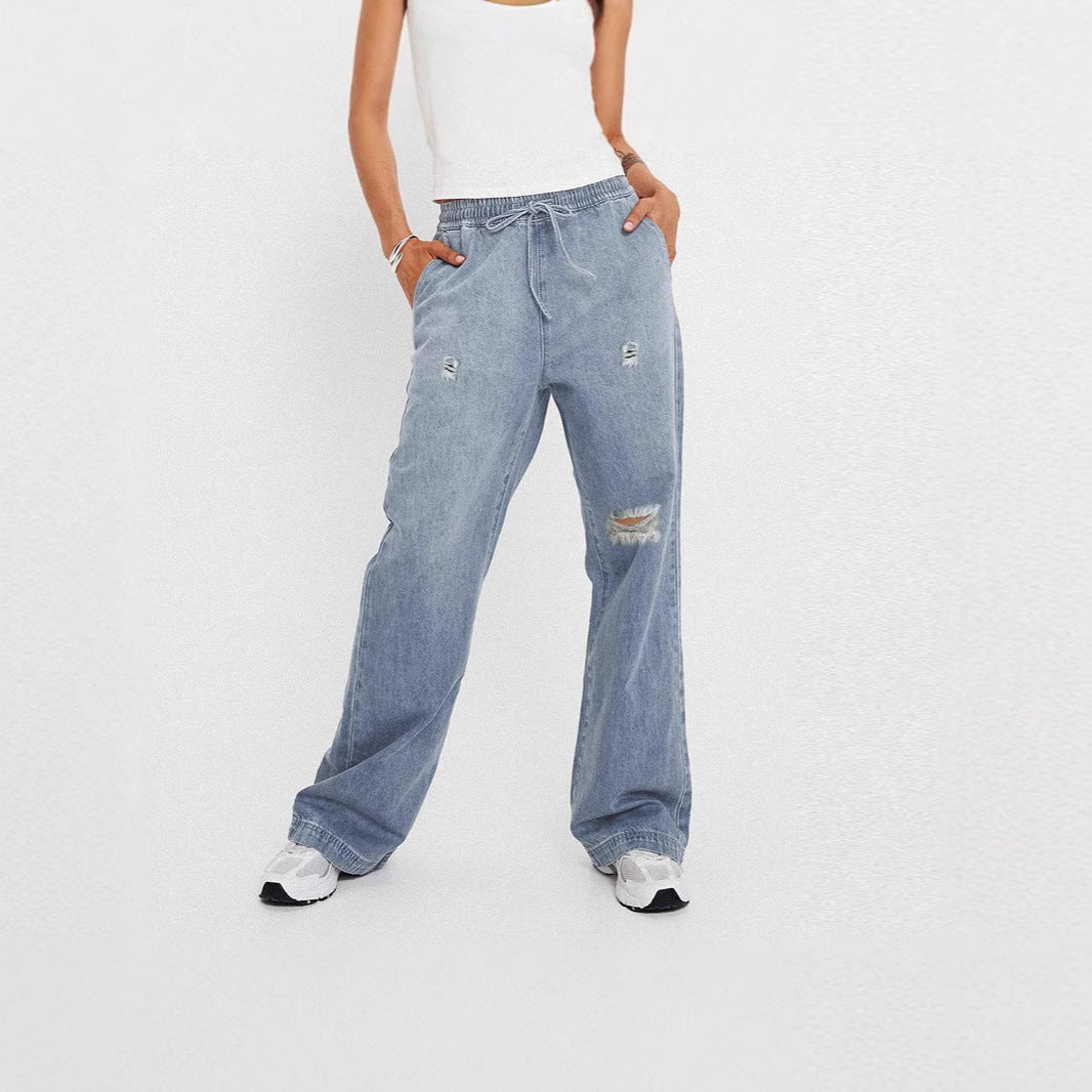 Damer Casual Wide-Leg Jeans med fashionable Distressed-detaljer og elastisk talje Stilla