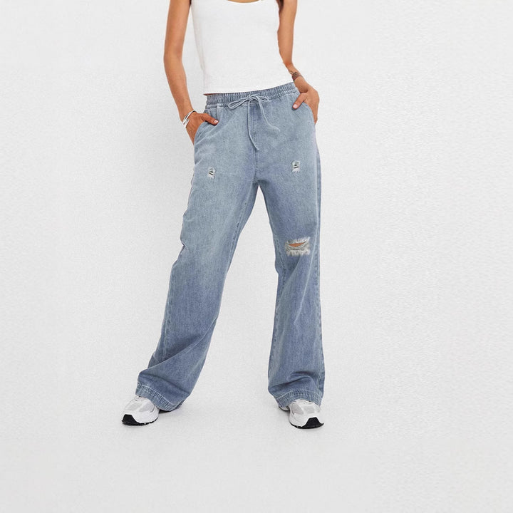 Damer Casual Wide-Leg Jeans med fashionable Distressed-detaljer og elastisk talje Stilla