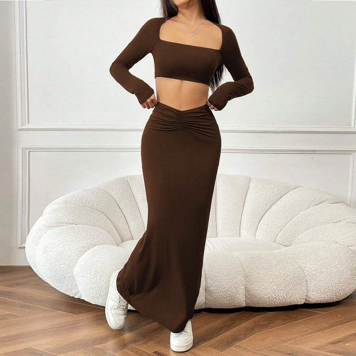 Kvinders Crop Top og Maxi Nederdel Sæt med Flæser Stilla