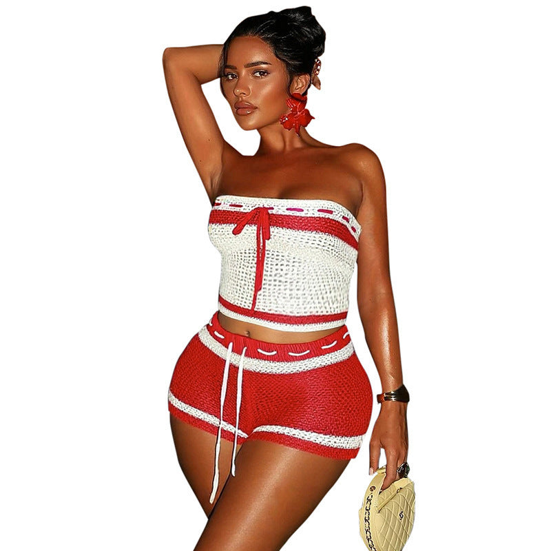 Dame Cropped Top og Shorts Sæt med hæklede design og elastisk pasform Skovae