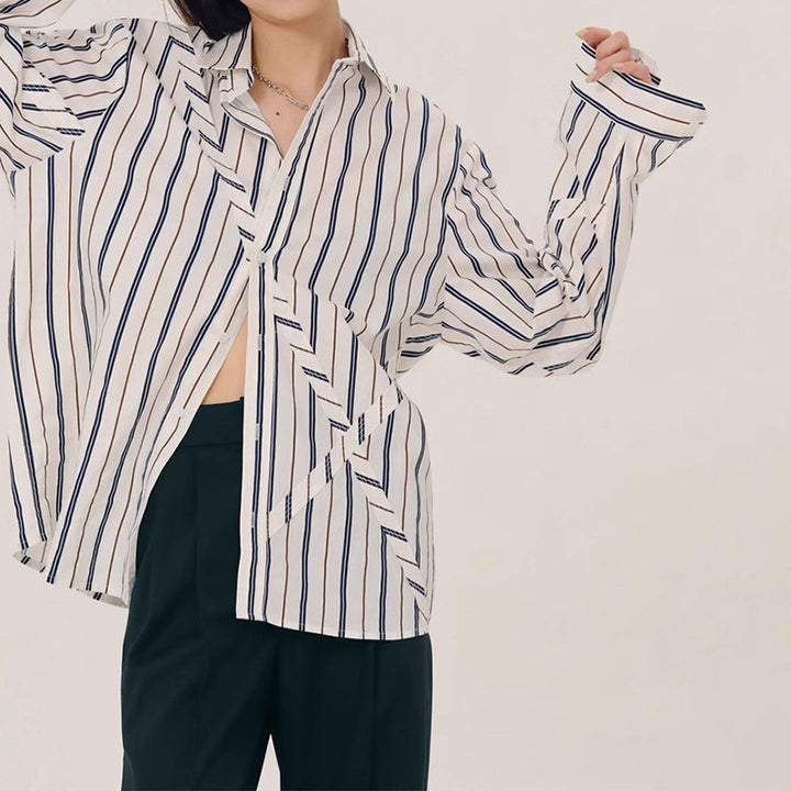 Dame elegant stribet Overshirt-bluse med afslappet snit og lange ærmer Stilla
