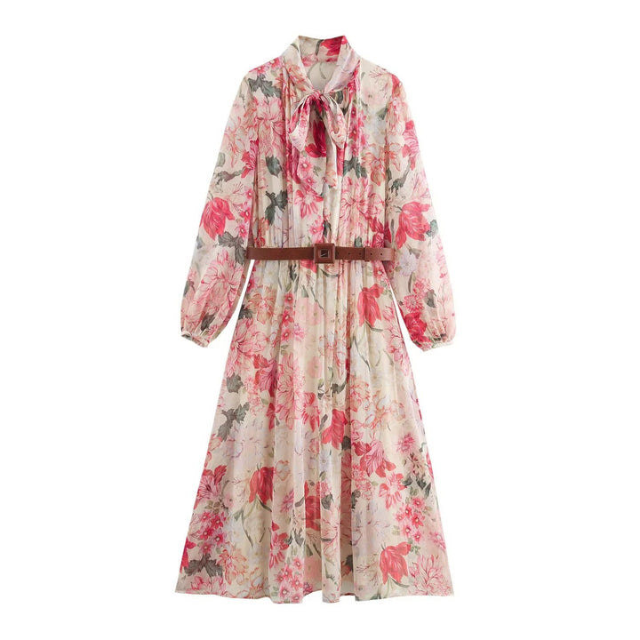 Femme Elegantes Floral Print Maxikjole med Bælte Stilla