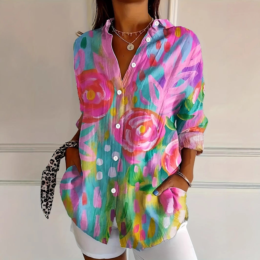 Femme Vibrant Floral Print Button-Up Shirt Stilla