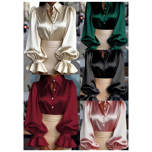 Dame elegant silke bluse med puffærmer og flot knapliste Skovae