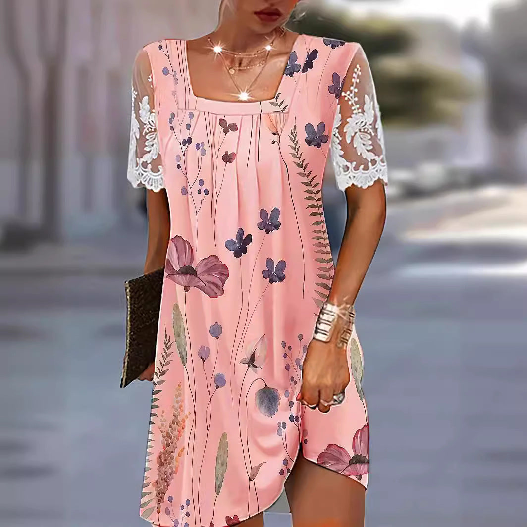 Dame Floral Print Shift Kjole med Spidsærmer Stilla
