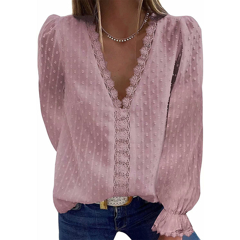 Dame Elegant Bluse med Spidsdetaljer og Pufærmer Stilla