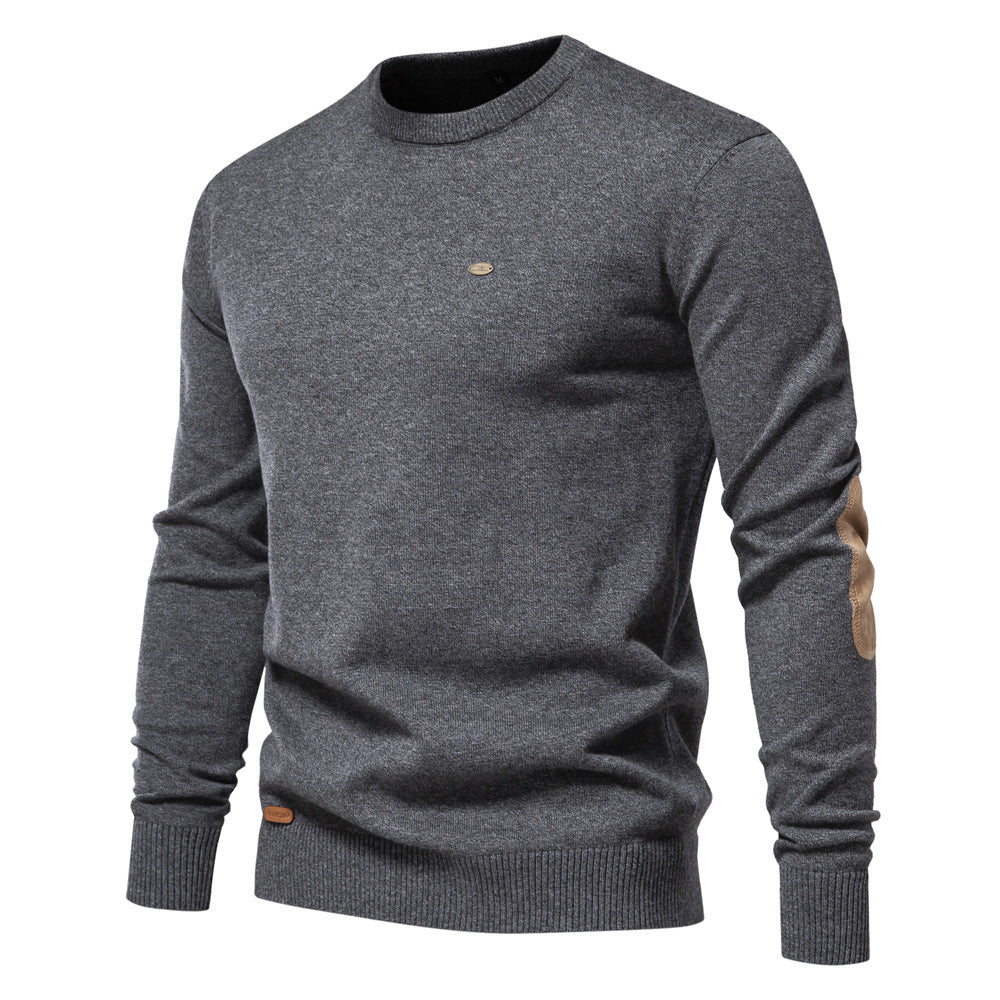 Herrer Rundhals Pullover lavet af fin bomuld med elegante albuepatches Stilla