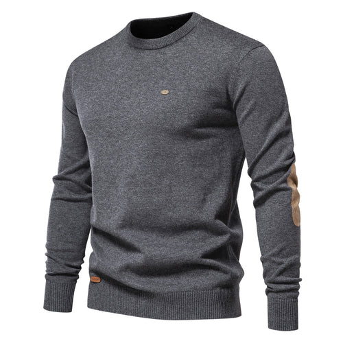 Herrer Rundhals Pullover lavet af fin bomuld med elegante albuepatches Stilla