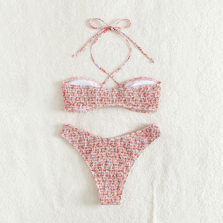 Dame bandeau-bikini med legesygt indpakningsdetalje og flæse-design Skovae