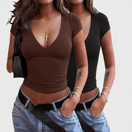 Femme Deep V-udskæring Tæt T-Shirt Stilla