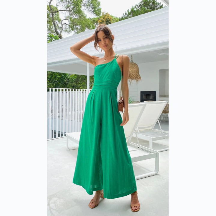 Kvinders jumpsuit i moderne indpakningsdesign med brede ben og off-shoulder snit