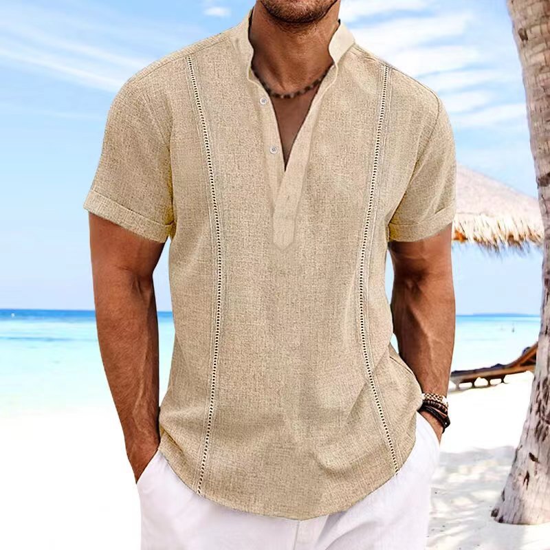 Herre kortærmet linnedskjorte med moderne V-udskæring og fine detaljer Stilla