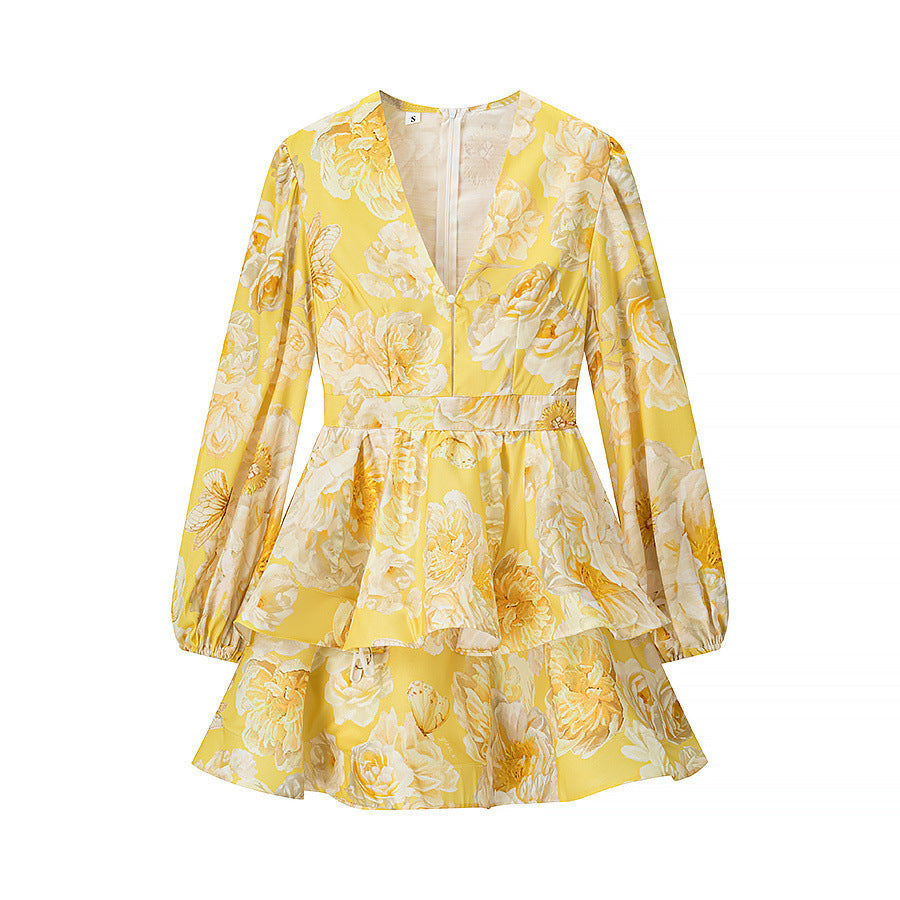 Dame Floral Print Wrap Mini Kjole med Flæsekanter Stilla