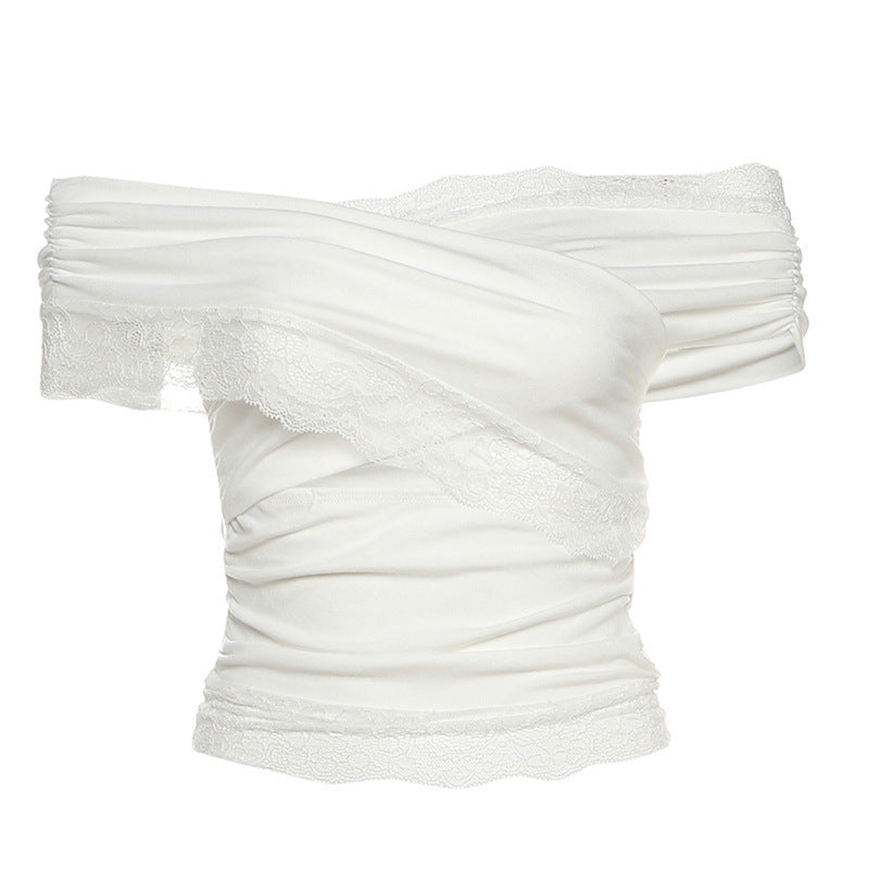 Dame elegant top med raffineret indpakningsdesign og tiltalende blondekant Stilla