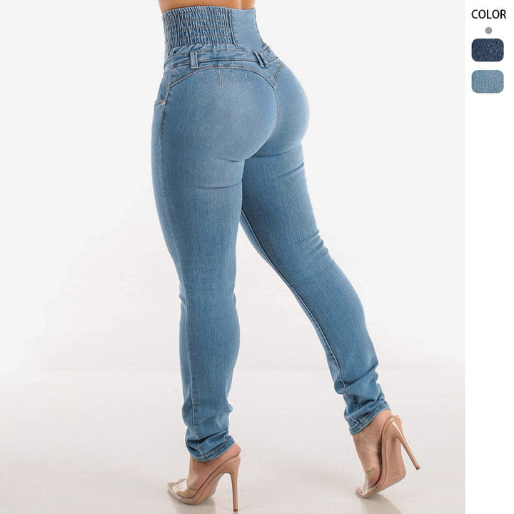 Kvindelige høje skinny jeans med dekorative knapper og elastisk talje