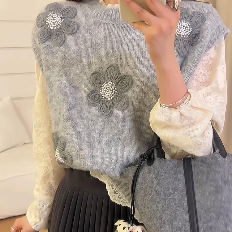 Kvinders strikket pullover med blomsterapplikationer og struktureret overflade Stilla
