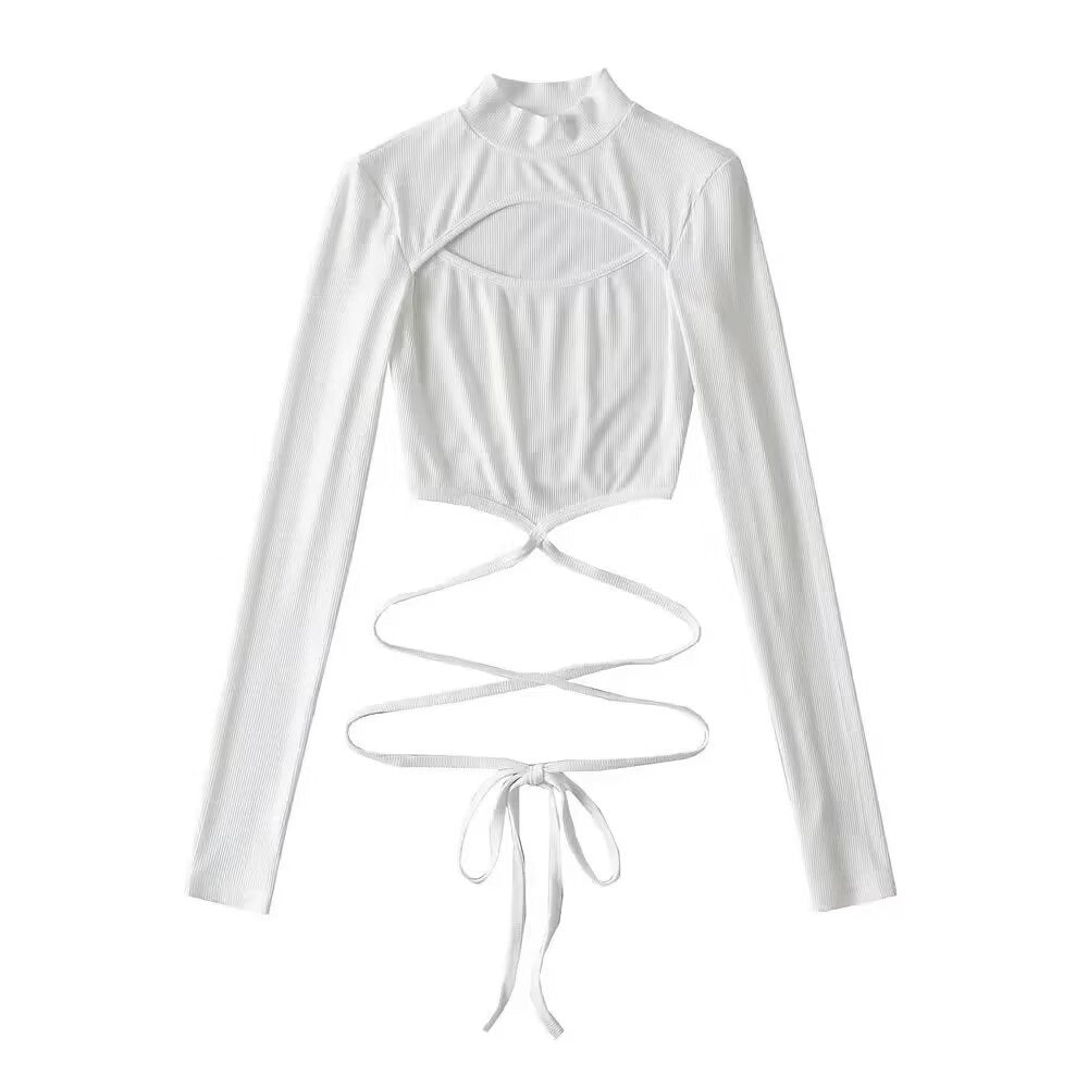 Dame crop langærmet top med fashionable bindebælte og raffinerede cut-out detaljer Stilla
