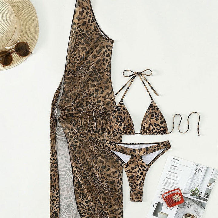 Dame Højtaljet Leopard Tryk Bikini Sæt med Gennemsigtig Cover-Up Stilla