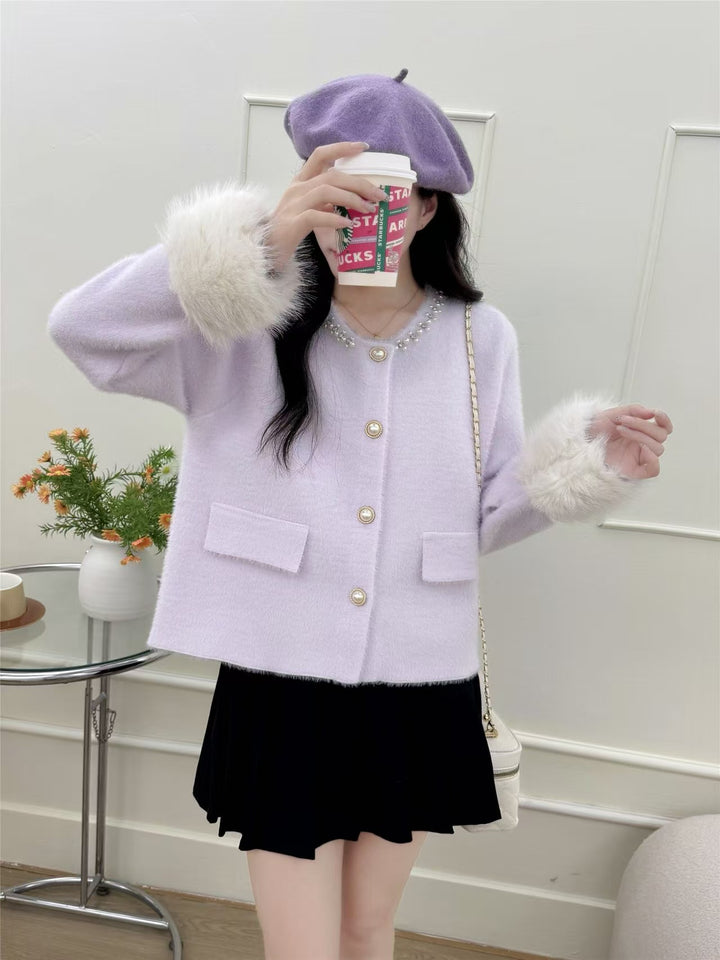 Damer elegant cardigan med perle dekoration og fluffy ærmer Stilla
