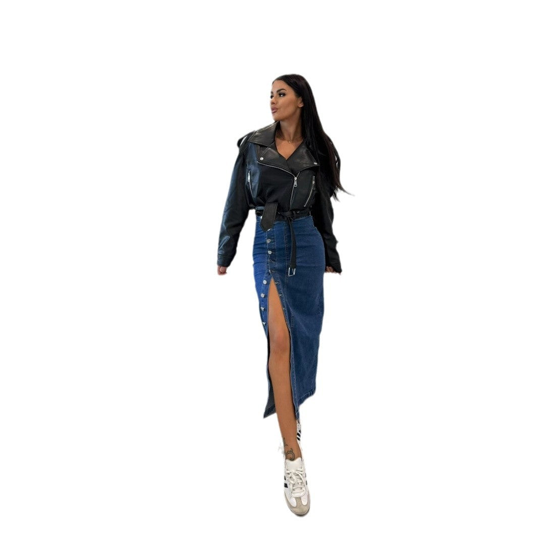 Dame Denim-Midiro skirt med siden knapdetaljer og høj slids Stilla
