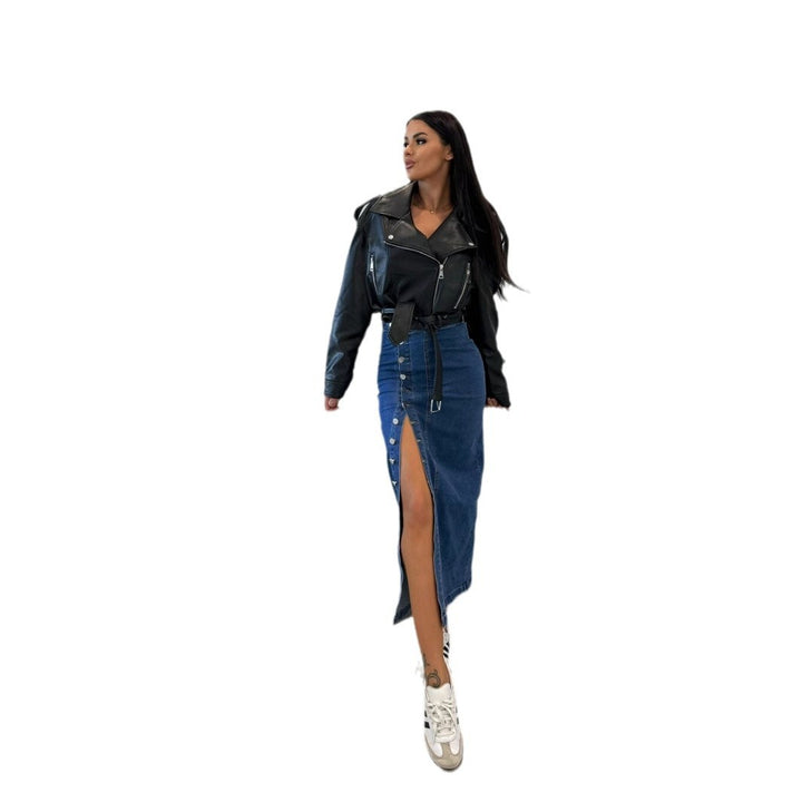 Dame Denim-Midiro skirt med siden knapdetaljer og høj slids Stilla