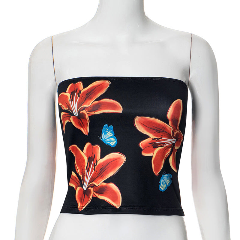 Dame Bandeau-top med blomsterdesign og elastisk bånd Skovae
