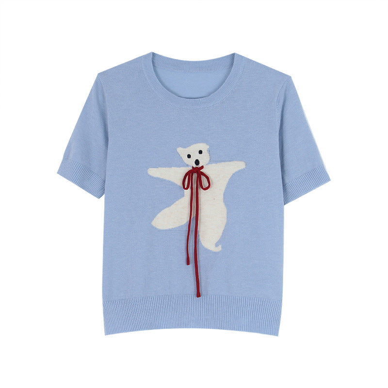 Dame T-shirt med sødt bjørnemotiv og blød strik Stilla