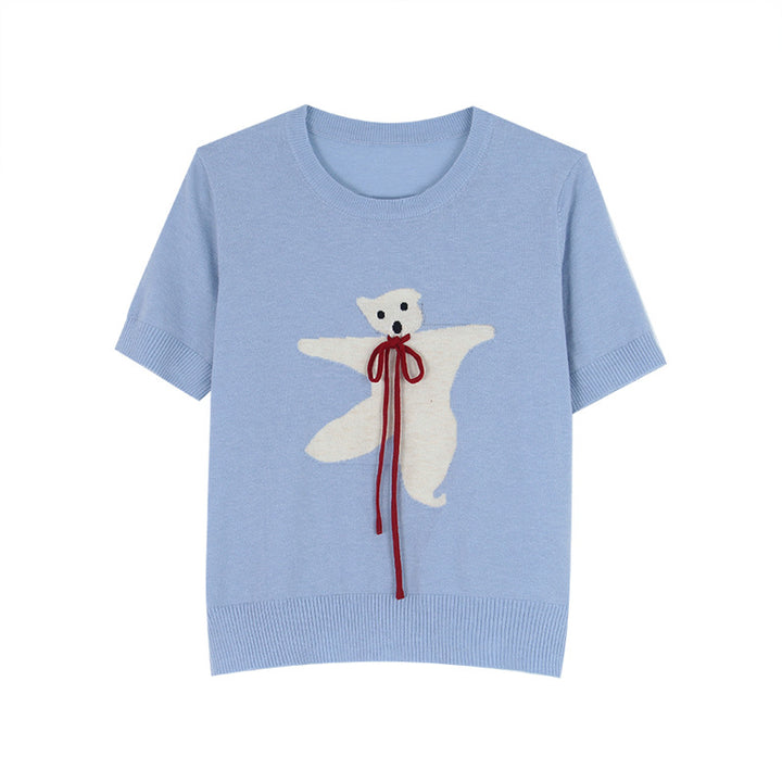 Dame T-shirt med sødt bjørnemotiv og blød strik Stilla
