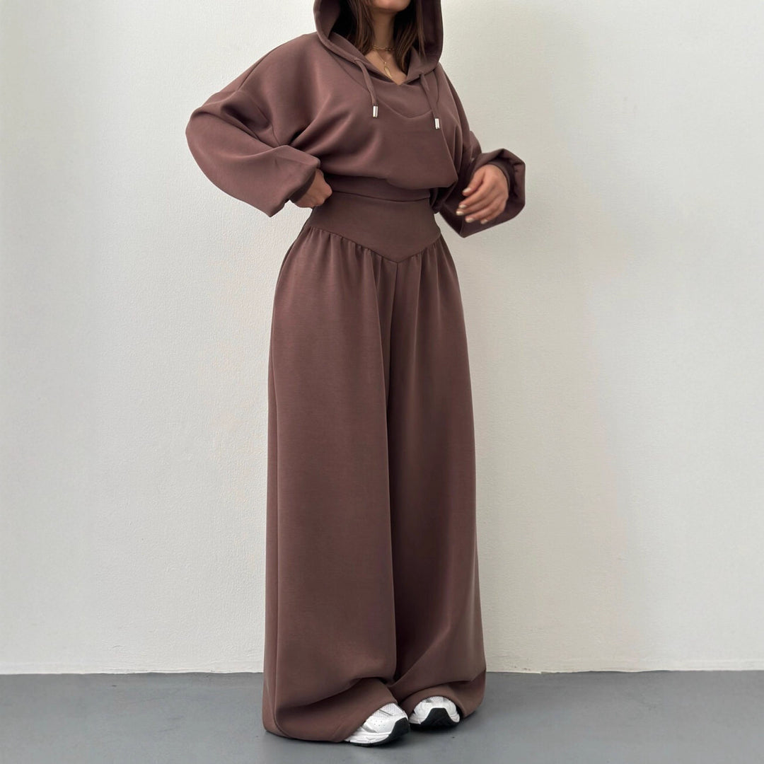 Kvinders afslappede sport loungewear sæt med cropped hoodie og brede bukser