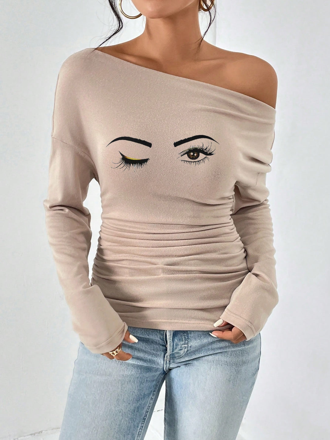 Dame Off-Shoulder Langærmet Skjorte med Rynkning Stilla