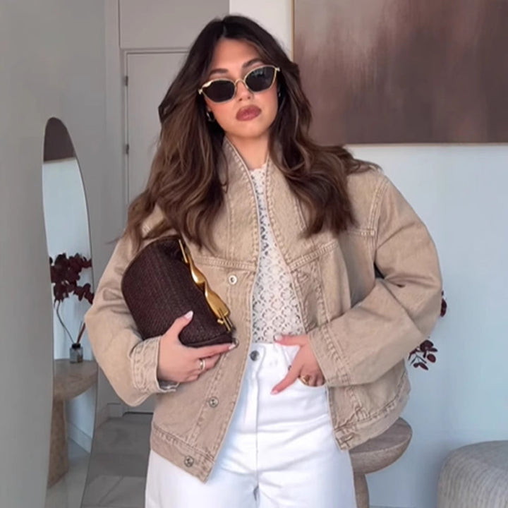 Dame mode oversized jeansjakke med trendy ståkrave Stilla