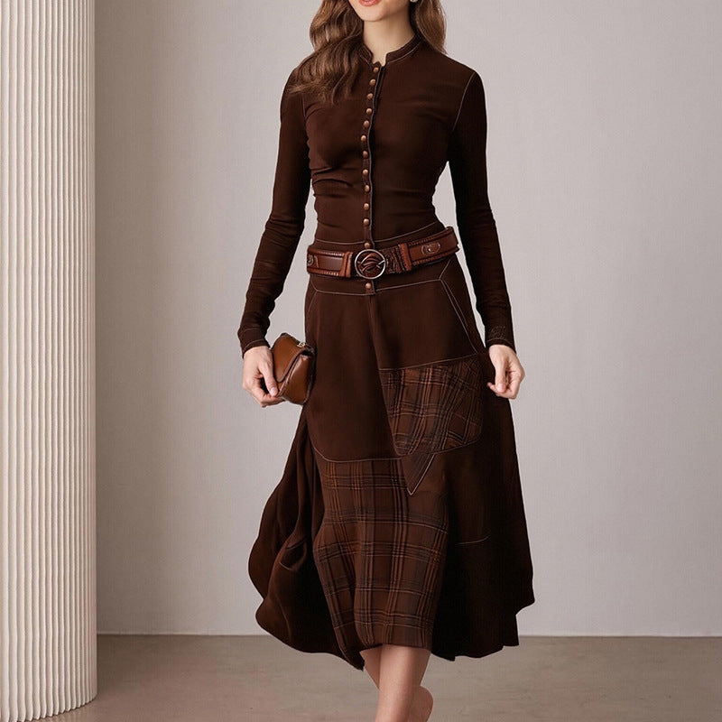 Damer Elegant Midi Kjole med Knap-åbning og Kontrast Detaljer Stilla