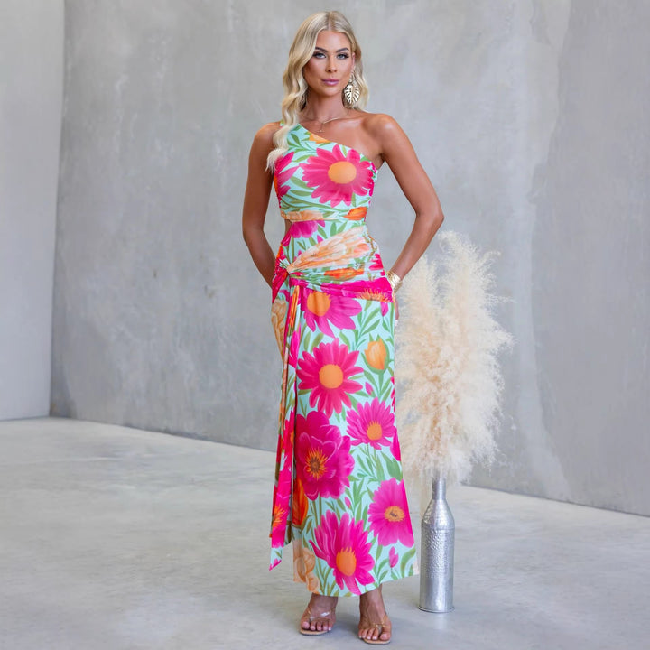 Women’s wrap maxi dress with asymmetric strap and floral accents Skovae