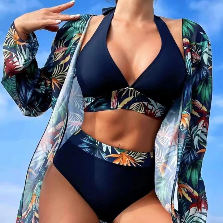 Dame højtaljet bikini-sæt med tropisk tryk cover-up Stilla