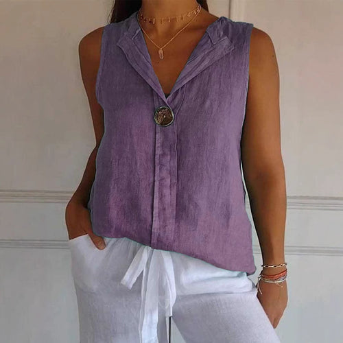 Damer linned blouse med ståkrave og knaplukning Stilla