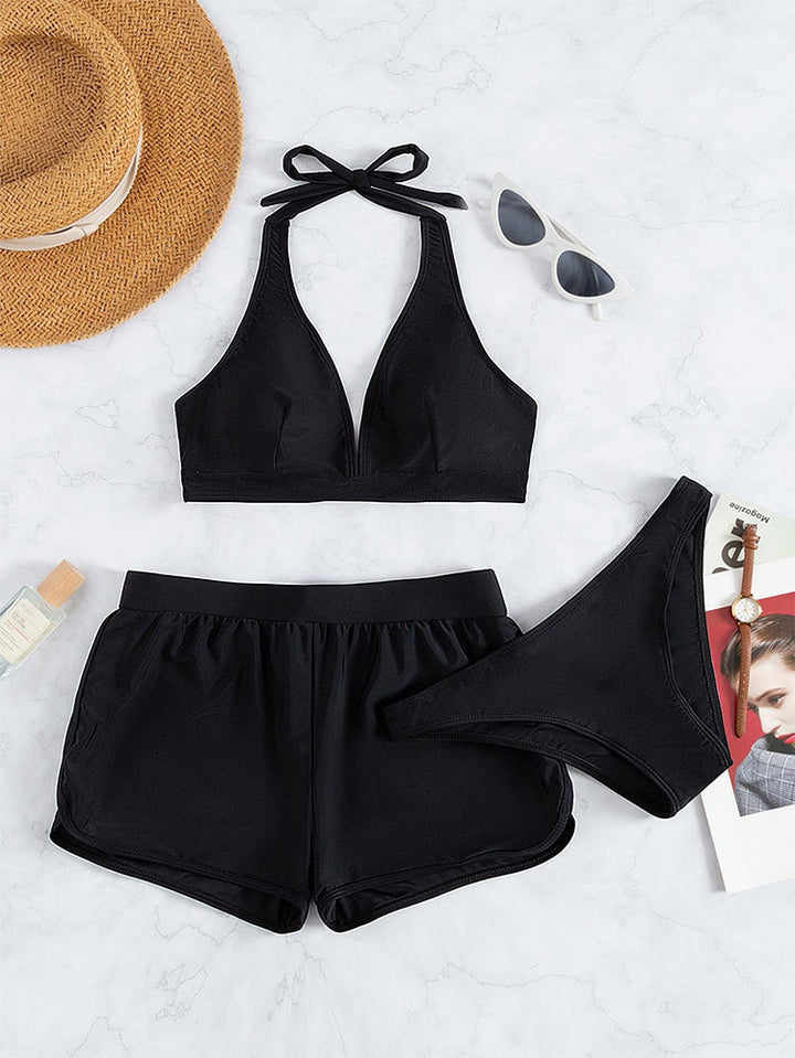 Dame Sporty bikini sæt med højhalset top og afslappede shorts Skovae