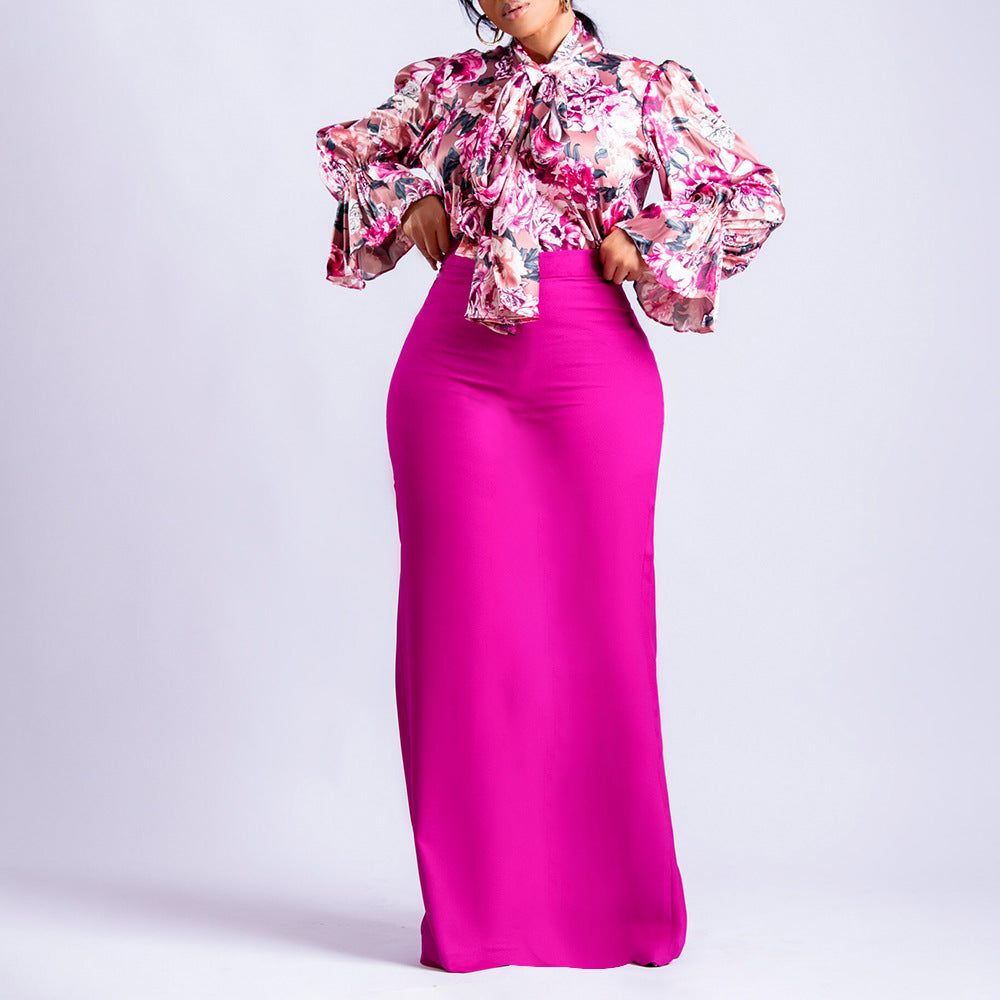 Dame Elegant bluse sæt med blomster mønster og tætsiddende midiskørt Stilla