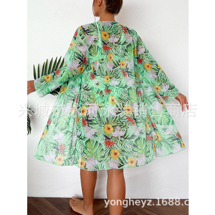 Dame bikiniset med blomster kimono og bindebånd Stilla