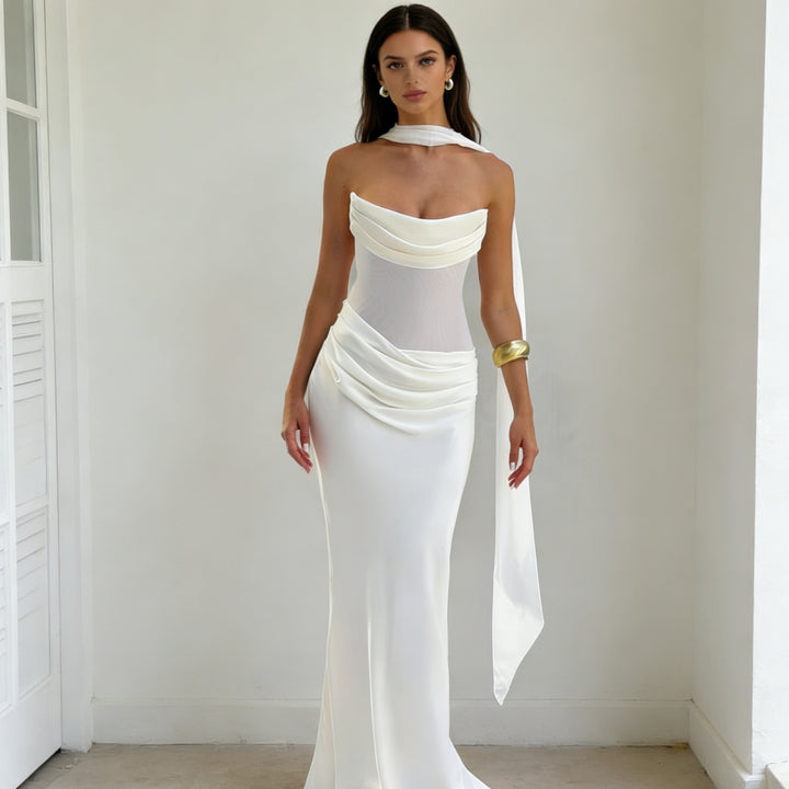 Dame Elegante off-the-shoulder maxi-kjole med forførende flæsedetail Skovae