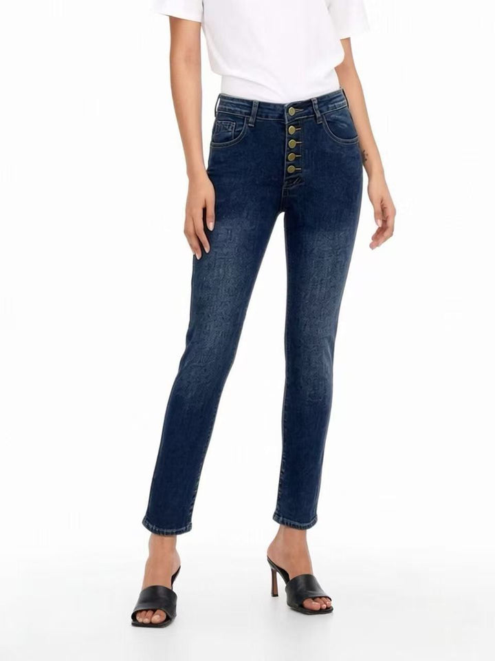 Dame Slim-Fit Jeans med elegant knaplukning og høj talje Skovae